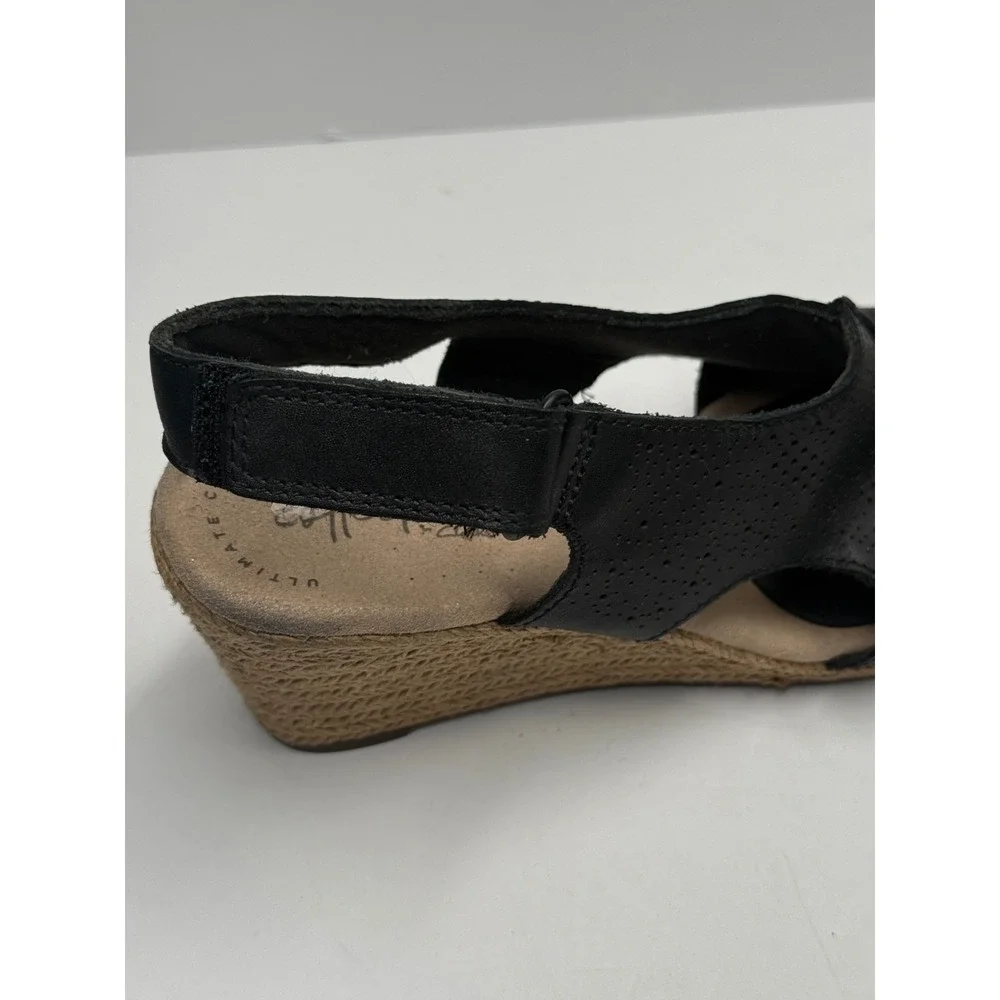 Clarks Lafely Rosen Wedge Sandals Black Leather Espadrille Slingback 7.5M